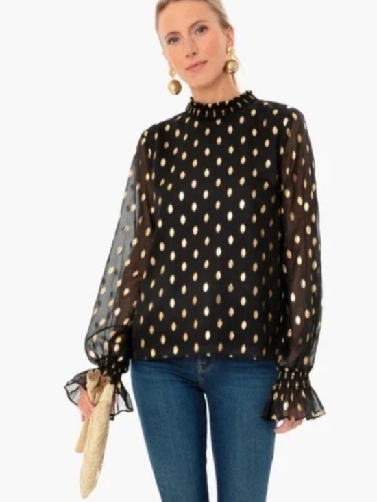 Pomander Place Tops - Pomander Place Celeste Black Metallic Gold Ruffle Blouse Small